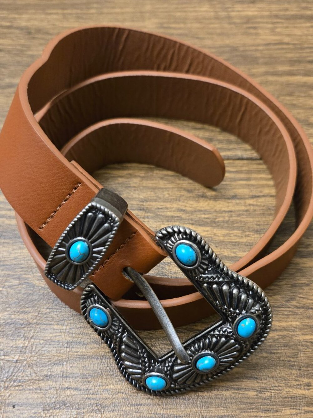Women's Brown Faux Leather Southwestern Belt w/Metal Buckle w/Turquoise Stones